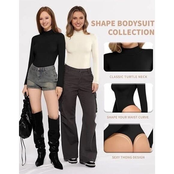 MANGOPOP Mock Turtleneck Long Sleeve Bodysuit THONG Shapewear Ribbed Size XL New - Picture 5 of 7